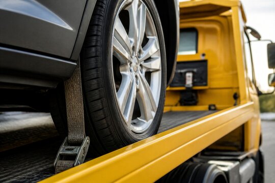 Car wheel secured on flatbed tow truck during vehicle recovery