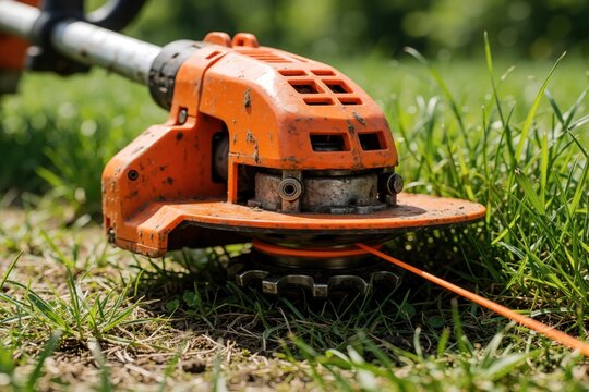 Close up of orange gas trimmer head cutting overgrown grass in backyard. Powerful string trimmer tool works on lawn maintenance. Metal cutting head spins with plastic line to mow weeds, wild plants