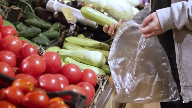 Customer puts fresh zucchini into a plastic bag while shopping for vegetables at a market. Tomatoes, cucumbers and eggplants on display. Grocery shopping, healthy food and retail concept.