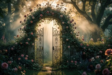Fototapeta premium Magical garden archway with open metal gate, blooming pink roses. Sun rays shine through misty forest trees in enchanted summer park. Secret entrance to fairy tale world with rich green plants,