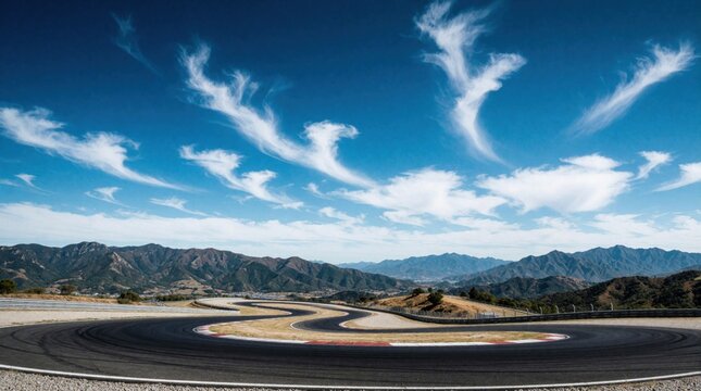 Empty winding asphalt race track curves through scenic mountain landscape. Blue sky with white wispy clouds above grey road. Pro circuit for speed sports, automotive testing racing adventure in