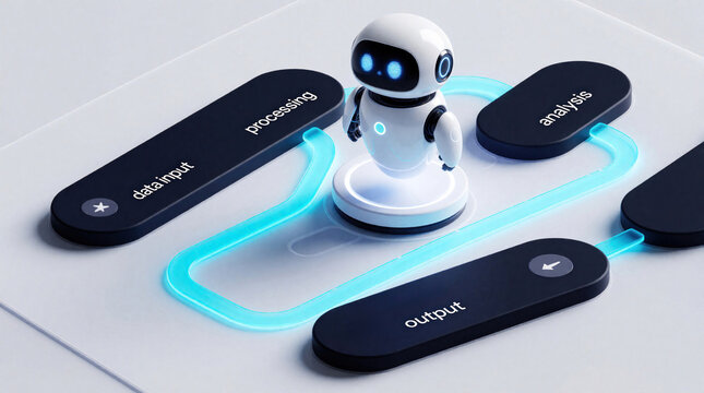 Cute white robot manages digital workflow on clean saas interface. Glowing blue lines connect data input, processing, analysis, output stages. Artificial intelligence system guides business process