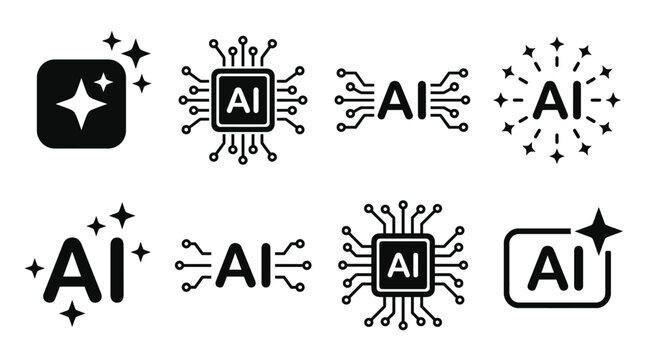 Artificial intelligence icons set featuring microchips and glowing text symbols in black vector style