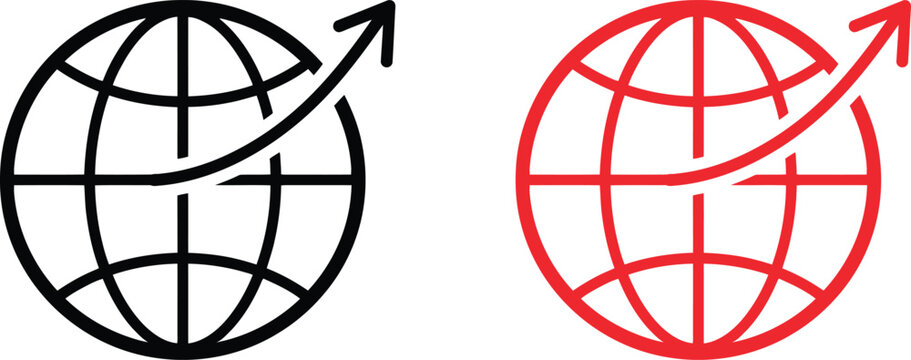 Black and red globe icons with upward arrows representing global growth and business expansion