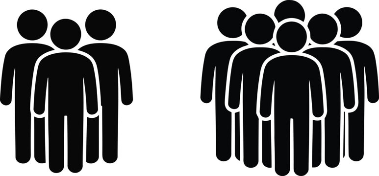 Black silhouette icons of small and large groups of people standing together as a crowd