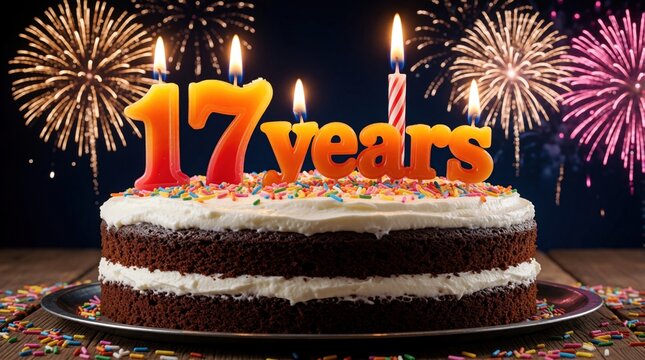 Chocolate cake with white cream layers, colorful sprinkles for 17th birthday celebration. Lit candles form number seventeen years on top. Bright fireworks explode in night sky background. Tasty