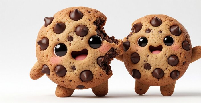 Two cute cartoon chocolate chip cookie characters smile with big eyes. Happy snack buddies bite missing from. Adorable baked dessert mascots stand together on white background. Sweet funny food