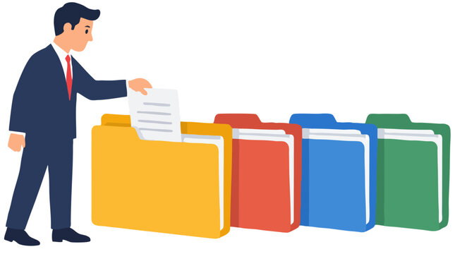 Businessman in navy suit filing paper document into yellow archive folder alongside red blue and green file folders for office organization storage and business document management concept