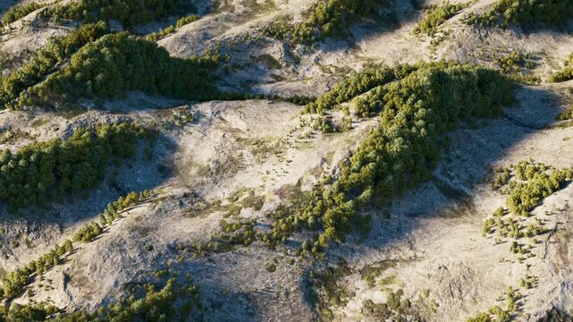 A mountain forest flowing like ocean waves. 3d render animation.