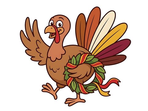 A happy cartoon turkey running while wearing a festive holiday wreath for thanksgiving celebration