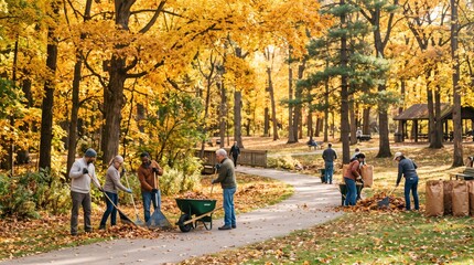 Naklejka premium A group of volunteers raking fallen golden leaves along a park path during an autumn community cleanup