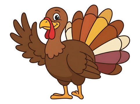 Friendly cartoon turkey waving hello isolated on a white background for thanksgiving holiday design projects