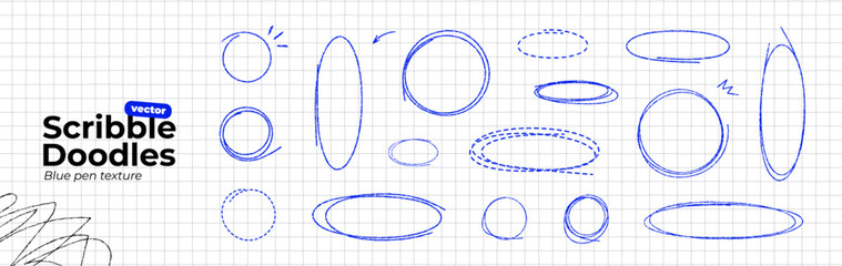 Naklejka na ściany i meble Hand drawn blue pen ovals and circle frames set. Scribble doodle set on notebook paper. Round bubbles to highlight text. Ellipses in crayon texture. Thin rough line. Vector illustration