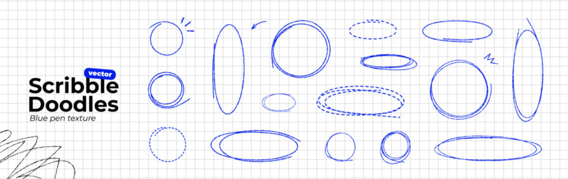 Hand drawn blue pen ovals and circle frames set. Scribble doodle set on notebook paper. Round bubbles to highlight text. Ellipses in crayon texture. Thin rough line. Vector illustration