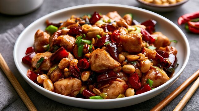 Spicy Kung Pao chicken with peanuts, chilies, and vegetables rests on a white plate, representing Asian cuisine