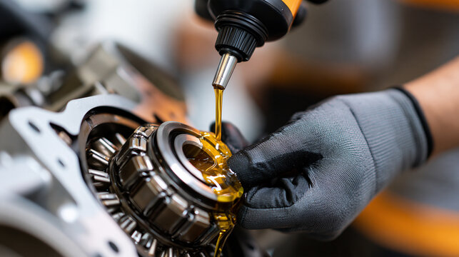 Gloved technician applying industrial lubricant to mechanical components, machine maintenance, preventive service, friction reduction, equipment reliability, industrial