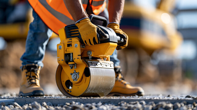 Faceless construction worker operating a vibratory plate compactor over freshly prepared concrete, construction machinery, surface compaction, infrastructure development, heavy