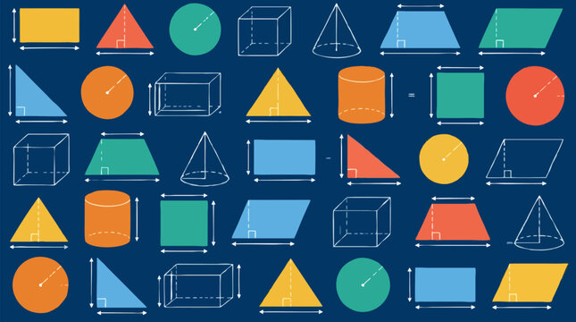 Seamless pattern of colorful geometric shapes diagrams triangles circles squares cubes cones cylinders trapezoids on deep navy blue chalkboard background for math education wallpaper textile