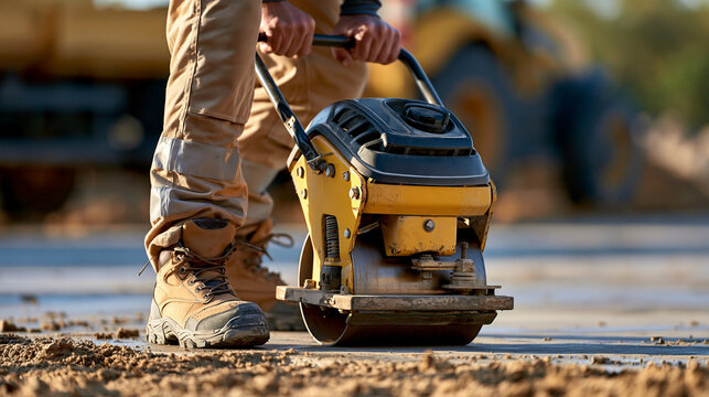 Faceless construction worker operating a vibratory plate compactor over freshly prepared concrete, construction machinery, surface compaction, infrastructure development, heavy