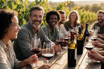 Naklejka premium Happy group of diverse friends enjoy wine tasting at outdoor wooden table in sunny vineyard. Smiling men, women drink red wine, celebrate harvest, talk together. Winemakers tourists relax in grape