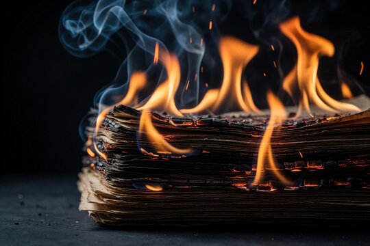 Stack of old paper burns with bright orange flames on dark background. Hot fire consumes thick pile of sheets. Smoke rises from burning pages in dark room. Intense heat, flame destroy document stack