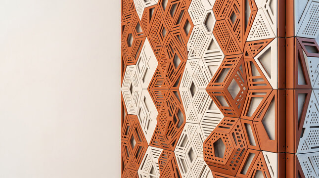 Architectural wall panel featuring a repeating geometric pattern of interlocking terracotta and white hexagonal tiles with intricate laser-cut perforations and linear cutouts