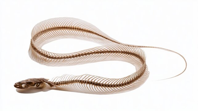 Translucent snake skeleton gracefully curves, displaying intricate internal structure against a clean white backdrop, scientific study concept