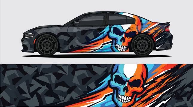 Car Wrap Design with Skull and Flame Decal in Blue Orange Black