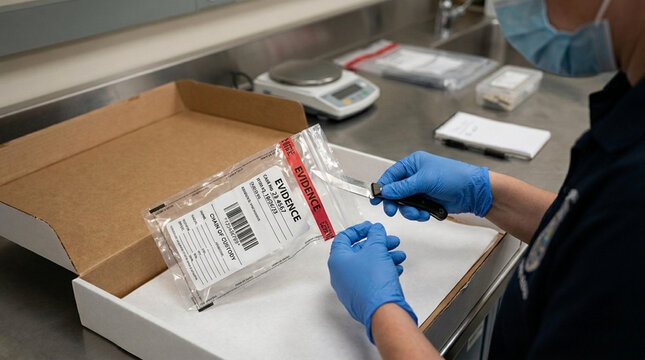 Forensic Scientist Opening Evidence Bag with Tweezers in Laboratory