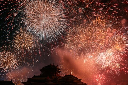 Fireworks exploding over traditional buildings during Lunar New Year night