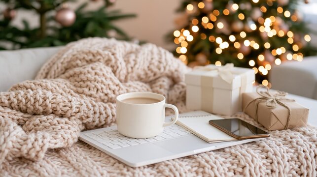 Cozy Christmas home workspace with laptop, smartphone, hot drink, wrapped gifts and chunky knitted blanket against blurred festive tree lights, horizontal holiday lifestyle scene