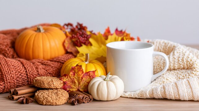 Blank white mug surrounded by pumpkins, autumn leaves, cookies, cinnamon and cozy knitted textiles, horizontal fall beverage mockup with seasonal styling