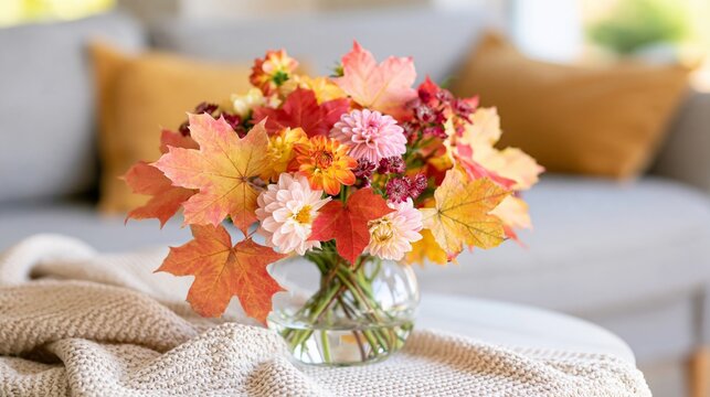 Colorful autumn bouquet with seasonal flowers and orange maple leaves in a glass vase, styled with a cozy knitted blanket in a bright home interior, horizontal seasonal still life