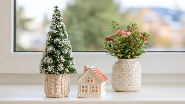 Minimal Christmas windowsill decoration with small snowy tree in knitted pot cover, ceramic house and winter plant, horizontal Scandinavian holiday interior with copy space