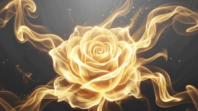 Glowing golden smoke rose blooming with fiery energy trails and sparks abstract animation