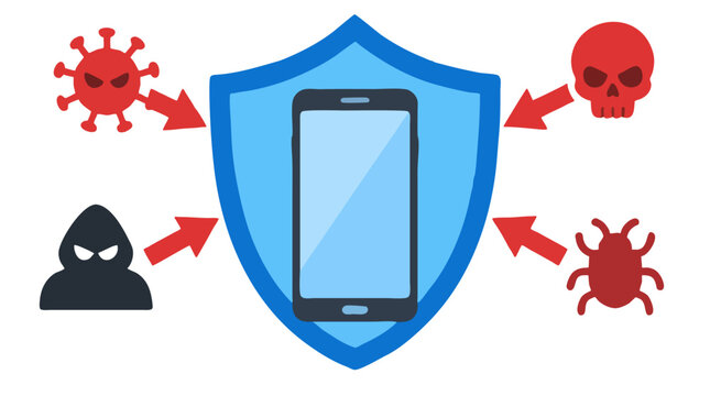 Blue shield protecting smartphone from cyber threats with red virus hacker skull bug icons and arrows, bold flat vector illustration for mobile security antivirus protection on white background
