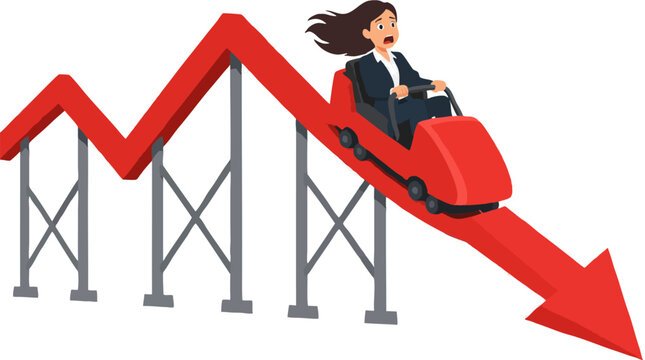 Frightened businesswoman in suit riding red roller coaster car speeding down steep falling arrow graph symbolizing stock market crash, financial crisis, economic downturn and investment loss