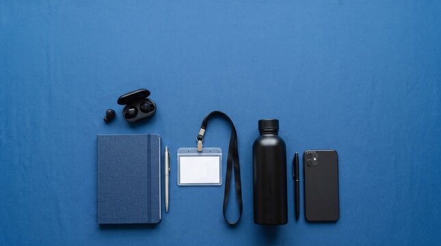 Desk Essentials: A collection of essential modern workday items including a notebook, wireless earbuds, a lanyard with an ID card, a water bottle, a pen, and a smartphone.