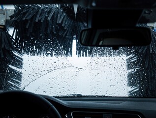 Fototapeta premium Interior view from inside car during automatic wash. Large cleaning brushes rotate outside windshield with soap suds, water droplets. Automated carwash machine cleans vehicle surface in service