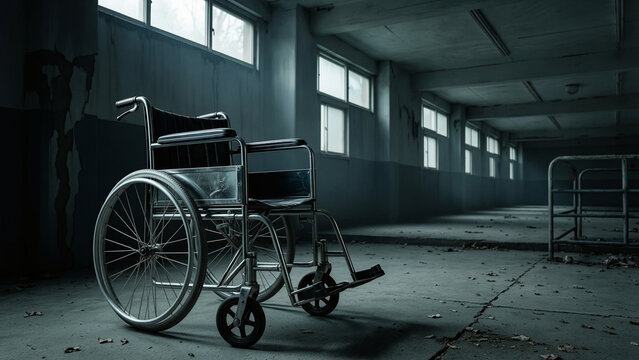 Abandoned Wheelchair in a Derelict Hospital Corridor