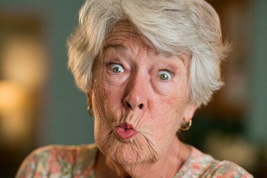 Senior woman making silly face with cheeks puffed and eyes crossed