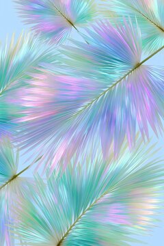 Iridescent pastel tropical palm leaves in shimmering blue, turquoise, pink and lilac tones on a light blue background, vertical futuristic botanical design