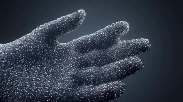 60 FPS Macro hand covered in shimmering microbeads flexing fingers on dark studio background