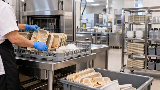School cafeteria tray return and dishwashing workflow, worker sorts used trays and washable dishes near a commercial dishwasher while clean tableware stays separated for sanitation compliance