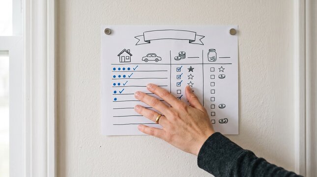 Hand marking a hand drawn chore chart with icons for house car money and savings jar