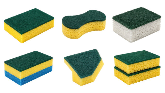 Assorted kitchen scrub sponges with green abrasive tops and yellow or white foam bases in rectangular, wavy and triangular shapes, shown individually and stacked for dishwashing