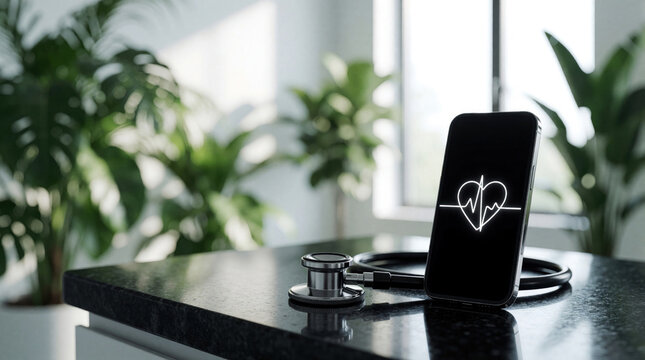 Digital stethoscope lies on black table next to smartphone. Mobile app shows heart rate waveform on screen. Modern med tech for remote patient monitoring, telehealth diagnostics in bright room with