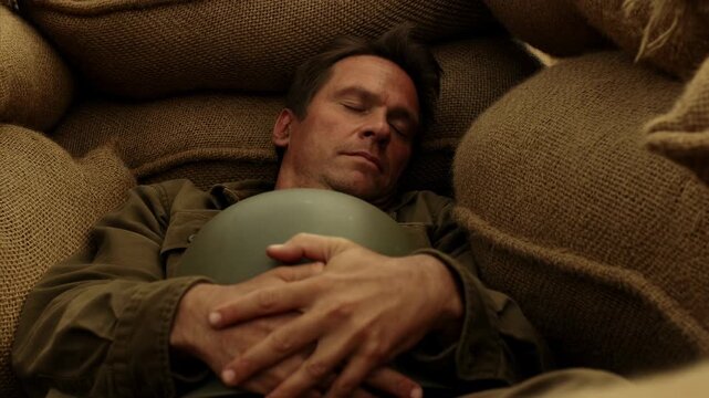 Adult man rests with eyes closed while holding green helmet against his chest among stacked burlap sacks, as warm low light and gradually tighter framing emphasize coarse woven textures