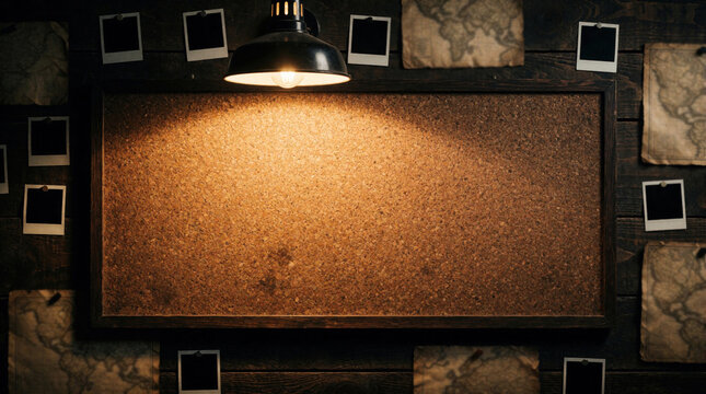 Detective investigation board with empty corkboard on dark wooden wall. Crime scene evidence layout with old maps, photos. Warm lamp light shines on central notice board for mystery concept. Noir