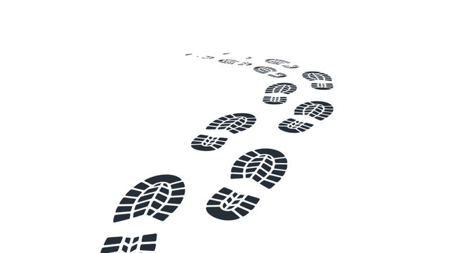 Winding trail of dark boot print footprints stretching into distance on white background surface